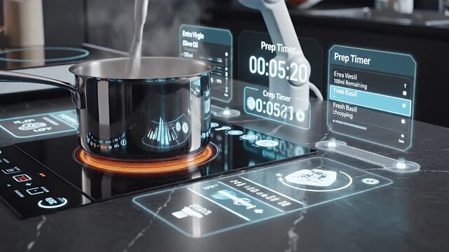 Futuristic kitchen stovetop displaying holographic recipe and timer information