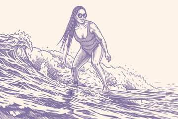 Retro vector illustration of a woman in sunglasses and a swimsuit surfing an ocean wave. Vintage engraving style graphic for a summer or travel concept.