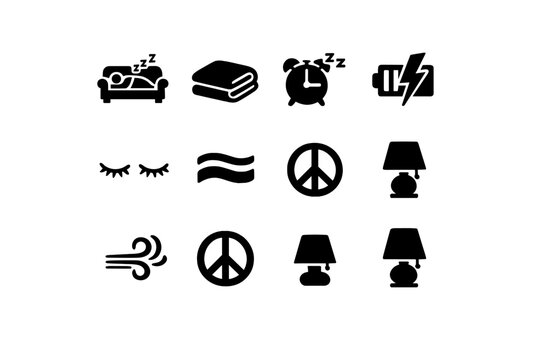Power naps and rest. Filled icon set of Power naps and rest: couch napper, blanket, sleep timer, lightning