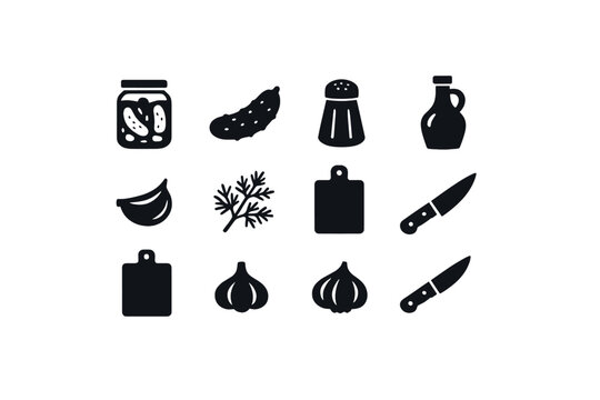 Making pickles. Filled icon set of Making pickles: glass jar, cucumber, salt shaker, vinegar bottle, garlic