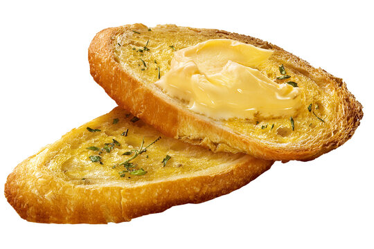 Duas fatias de p&atilde;o baguete torradas com manteiga derretida e ervas isoladas no fundo transparente