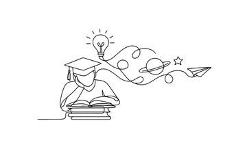 Obraz premium Imaginative Learning Design. Creative Education. Minimalistic one-line drawing of a student combining books