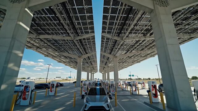 Rows of electric car chargers under a vast solar panel canopy on a bright day
