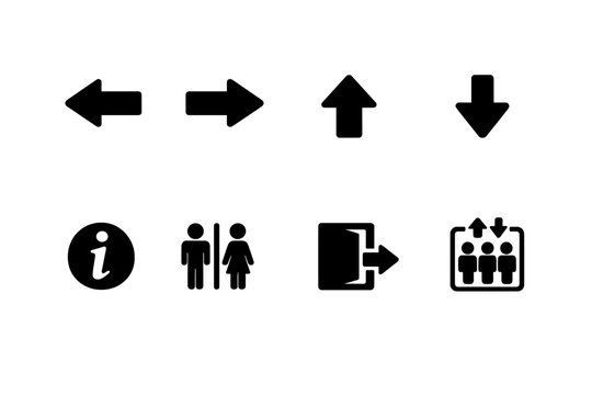 Wayfinding Icon Set. Wayfinding icons. Filled icon set of Wayfinding icons: arrow left, arrow right, arrow up,