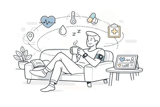 Connected care lifestyle. Person at home with wearable devices syncing to a nearby tablet, health icons gently