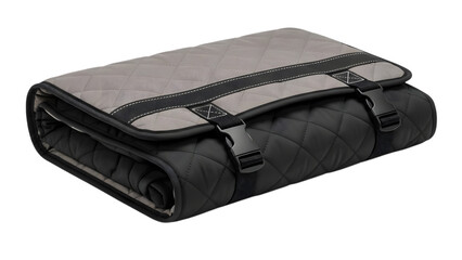 Quilted travel bag with buckle straps and black accents