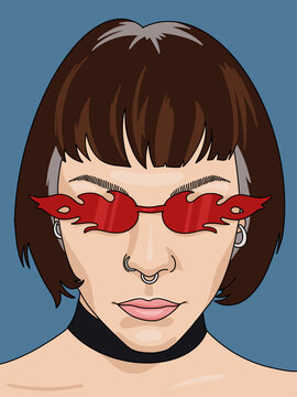 Close-up Portrait Vector Illustration of a Woman Wearing Red Fire Flames Shaped Sunglasses. Artistic Fun Fashion Concept