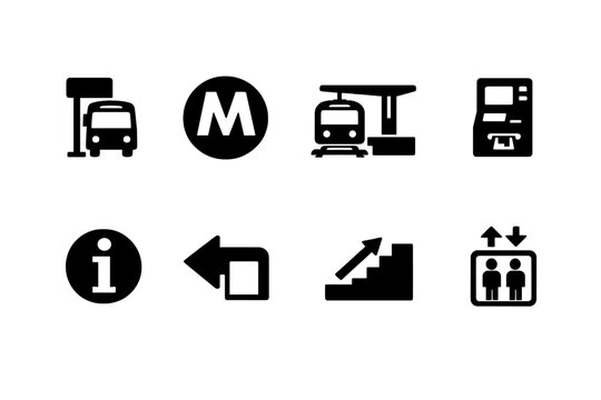 Public transport wayfinding icons. Filled icon set of Public transport wayfinding icons: bus stop sign, metro
