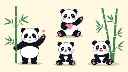 Fototapeta premium Set of four adorable giant panda bears in various poses including standing, sitting, and holding a heart, with bamboo.