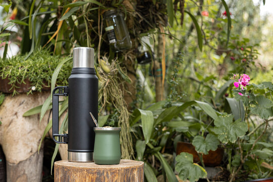 Green stainless steel mate cup with thermos placed outdoors in natural environment. Modern reusable drink container for traditional South American infusion, lifestyle and travel concept.