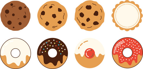 Obraz premium Assorted Cookies and Glazed Donuts with Chocolate and Strawberry Toppings Isolated on White Background Vector Illustration