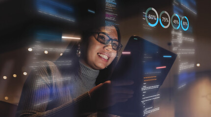 Fototapeta premium Asian female digital entrepreneurs work using tablets to project code onto their faces and reflect it back. Software developers are building innovative e-commerce applications using AI and big data.