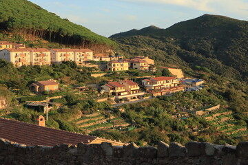 Obraz premium Mediterranean hillside village at sunset with houses and green hills 