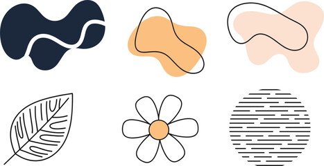 Fototapeta premium Abstract Organic Shapes and Floral Elements Set Minimal Line Art Illustration Collection Isolated on White Background