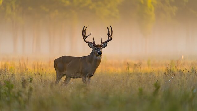 Majestic buck deer with large antlers standing in misty field at sunrise