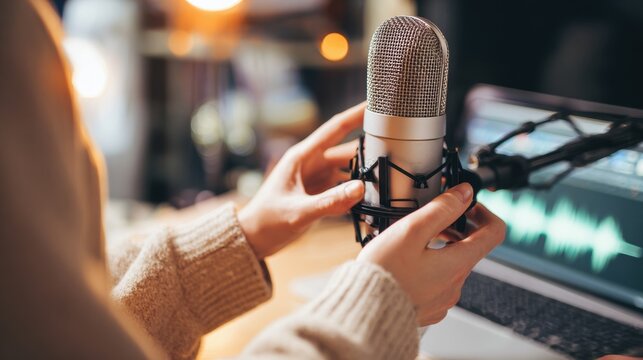 Hands adjusting studio microphone on desk with audio waveform visible on screen. Home recording setup for podcasting, voice over, music production, broadcasting or audio editing concept