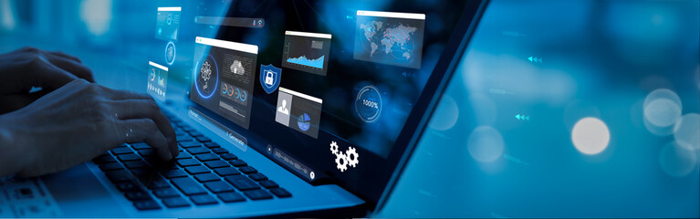 Naklejka na ściany i meble woman analyst uses a computer AI artificial intelligence and dashboard for data business analysis and Data Management System with KPI and metrics connected to the database for technology finance,