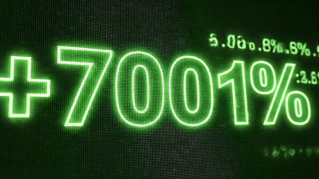 Glowing neon green plus sign and 800% displayed on a dark, pixelated screen