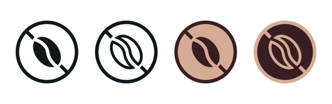Caffeine Free Vector Icons Set. Flat Labels Design Collection on White Background. Coffee Bean Symbols with Prohibition Signs for Packaging.