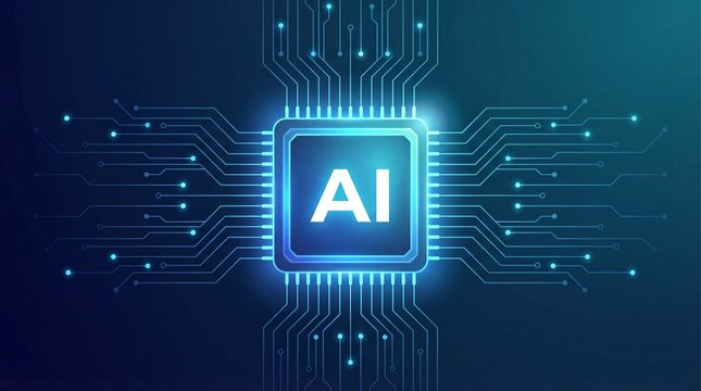 Futuristic AI microchip glowing with digital intelligence and complex circuit pathways