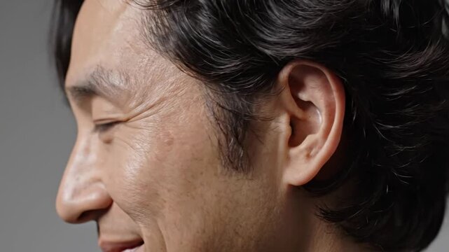 Close-up profile of a middle-aged Asian man with wrinkles on a gray background, highlighting mature skin and facial features