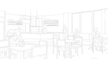 Minimalist line art illustration depicting patrons enjoying coffee and conversation inside a contemporary cafe setting with professional espresso equipment visible behind the counter.