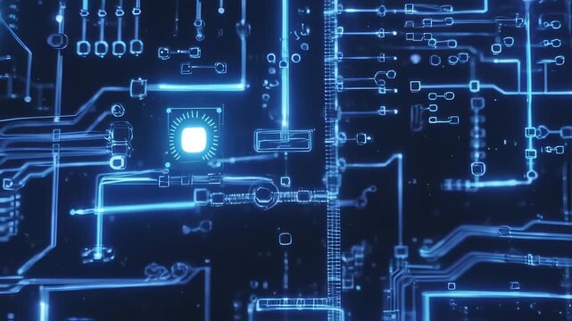 Abstract Glowing Blue Circuit Board Background with Digital Data Flow and Electronic Connections.