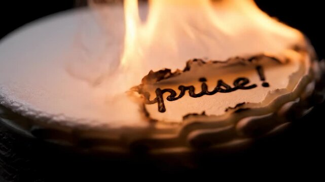 A white cake or tart revealing a secret message written as surprise through burning paper. Surprise concept for celebration or party.