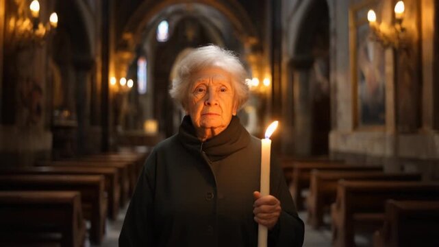 Elderly woman holding candle in dimly lit church