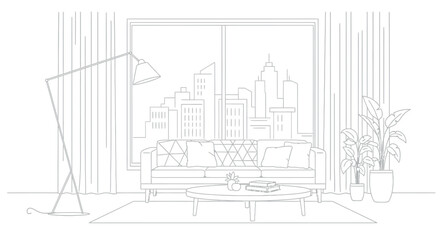 Obraz premium Minimalist line art drawing of a modern living room interior featuring a comfortable sofa and large window overlooking a detailed urban cityscape skyline view.
