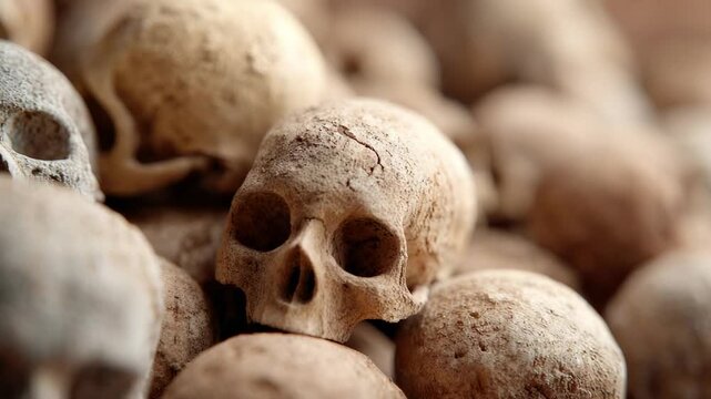 Ancient human skulls stacked in a large pile representing a mass grave from a war or genocide. Somber concept of death, horror, and the aftermath of historical atrocities in a grim ossuary
