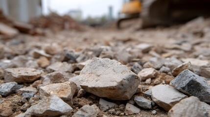 Close up view of rough concrete rubble and stones scattered on the ground at a construction demolition site