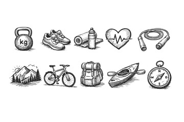 Fitness and Outdoor Adventure Line Icons Set for Training, Hiking, and Active Lifestyle