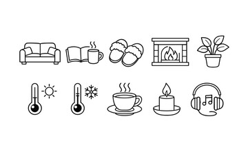Cozy Home Comfort and Relaxation Line Icons Set for Hygge Lifestyle and Winter Living