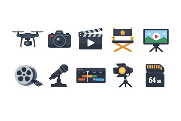 Video Production and Filmmaking Icons Set for Media Creation, Editing, and Broadcasting