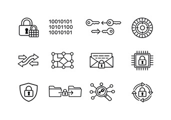 Encryption technology. Line outline icon set of encryption technology: encrypted lock, binary code, key