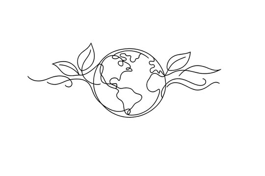 "Healthy planet". Minimalistic one-line drawing earth surrounded by leaves and fresh air lines, seamless