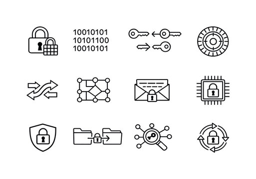 Encryption technology. Line outline icon set of encryption technology: encrypted lock, binary code, key