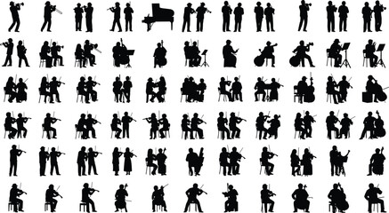 Vector Illustration Set of Orchestra Musician Silhouettes Playing Violin Cello Trumpet and Piano for Classical Music Concert and Performance Designs © Borhan Creatives