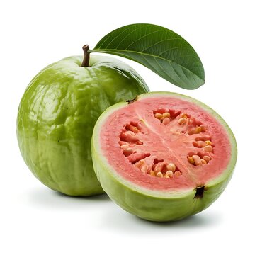 Fresh red guava fruit whole and half with leaf on white background showing vibrant pink flesh and edible seeds with textured green skin as organic tropical nutrition and healthy snack