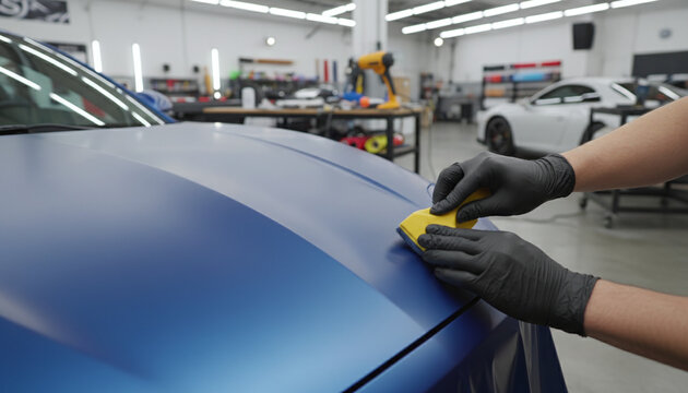 Car wrapping process applying matte blue vinyl film with squeegee