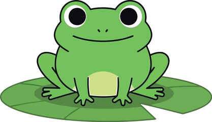 Obraz premium Cute cartoon illustration of a cheerful green frog sitting calmly upon a large floating lily pad in a serene pond environment.