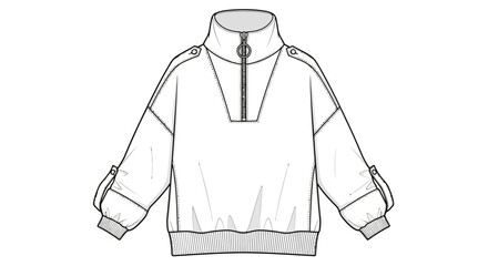 Women's Quarter-Zip High-Neck Sweatshirt Technical Flat Sketch Vector Template with Oversized Sleeves and Ring Pull Zipper © Achira Nimsara