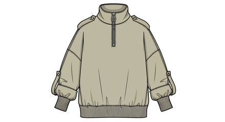 Women's Khaki Quarter-Zip Utility Sweatshirt Technical Flat Sketch Vector Template with Epaulettes and Ring Pull Zipper © Achira Nimsara