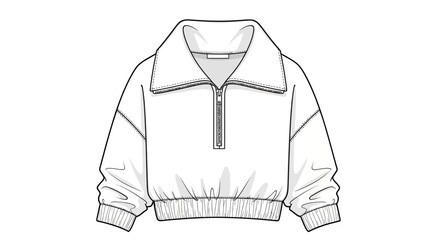 Women's Cropped Quarter-Zip Pullover Technical Flat Sketch Vector Template with Oversized Collar and Elastic Hem © Achira Nimsara