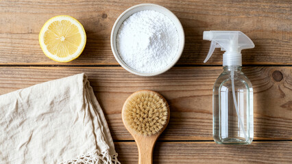 Eco Friendly Cleaning Supplies with Lemon and Soda Flat Lay