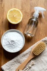 Eco Friendly Cleaning Supplies with Lemon and Soda Flat Lay