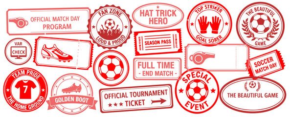 Collection of soccer stamps and badges with football and competitive sport symbols