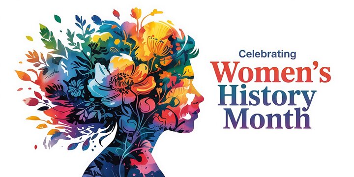 Celebrating womens history month with colorful abstract portrait of woman face and flowers in hair vibrant creative graphic design illustration