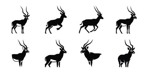 Set of silhouette antelope in various poses isolated on background. Animal Vector elements for design. © ganesh106
